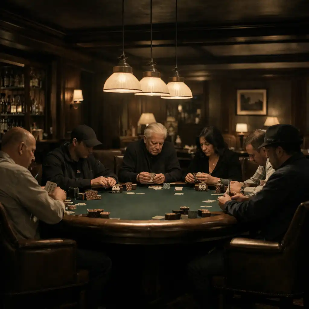 Evening light falls across a green felt poker table in the card lounge at Crown & Pearl, with players seated in quiet concentration.