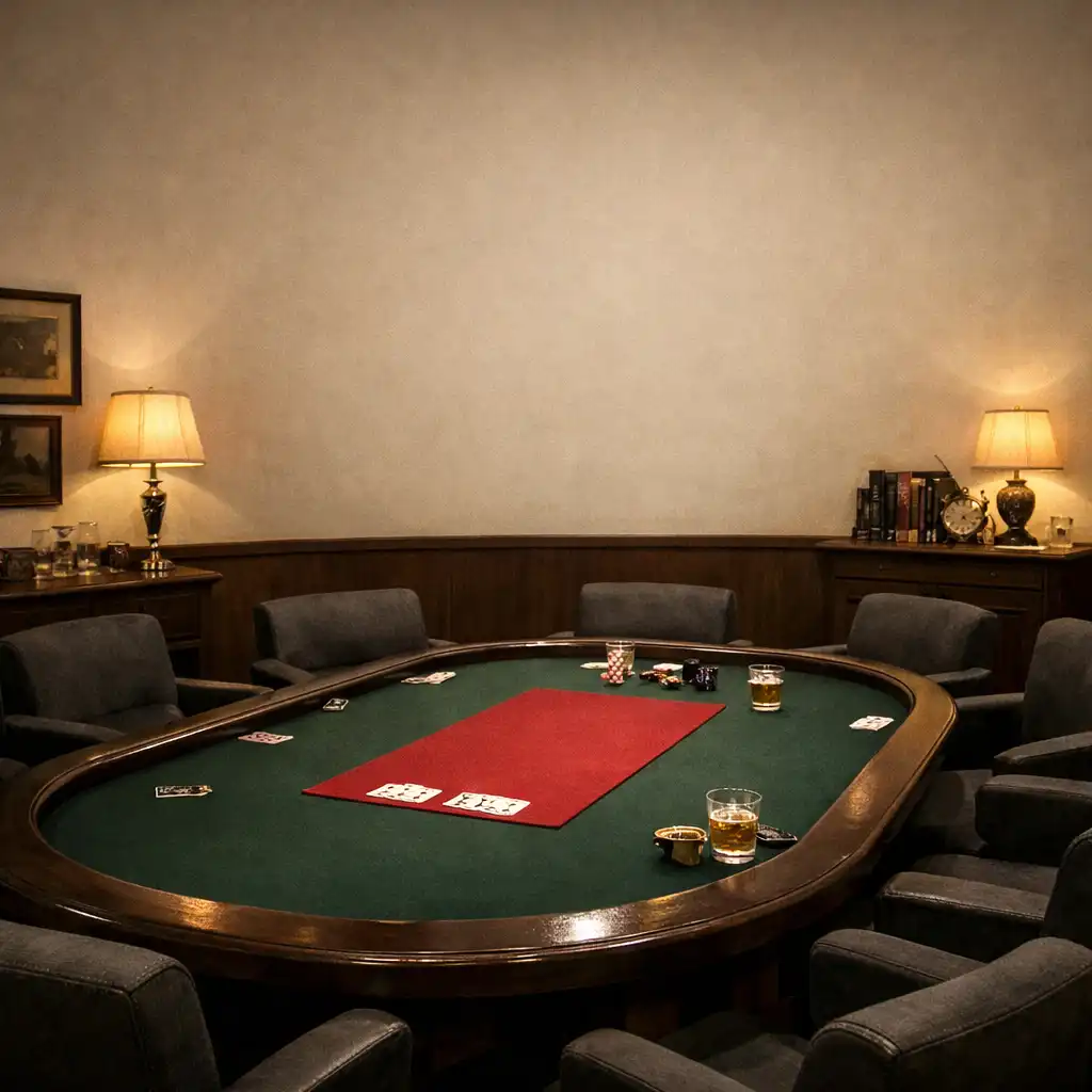 Interior of the Card Lounge showing a dark wood poker table with green felt and charcoal chairs under warm lighting