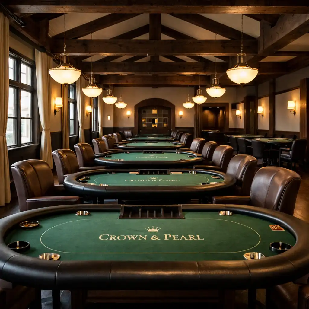 Interior of the Crown & Pearl card lounge with a professional poker table and leather chairs