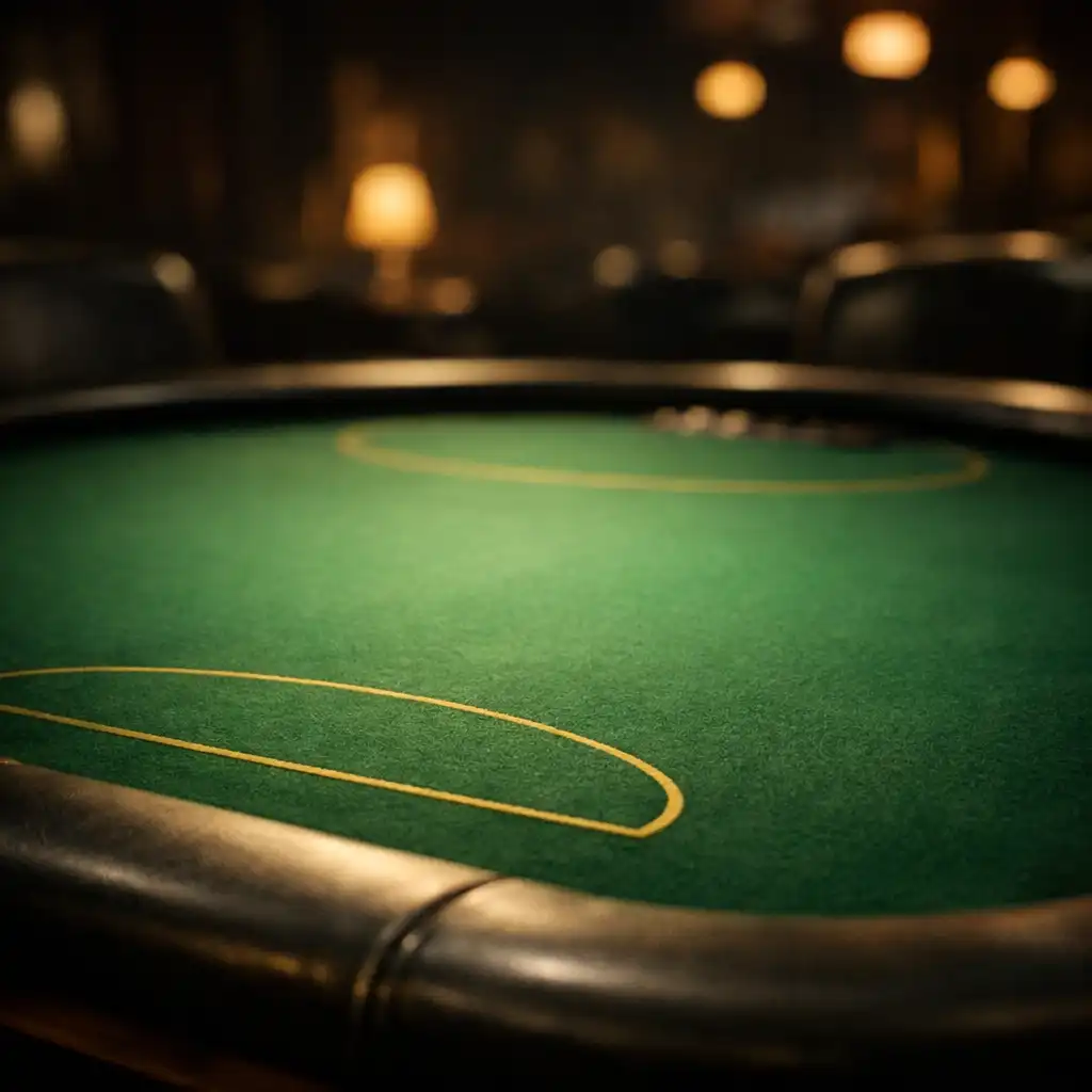 Professional poker table in a dimly lit card lounge with green felt surface