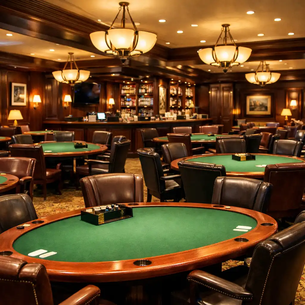 Refined card lounge with several poker tables, green felt surfaces, and leather chairs
