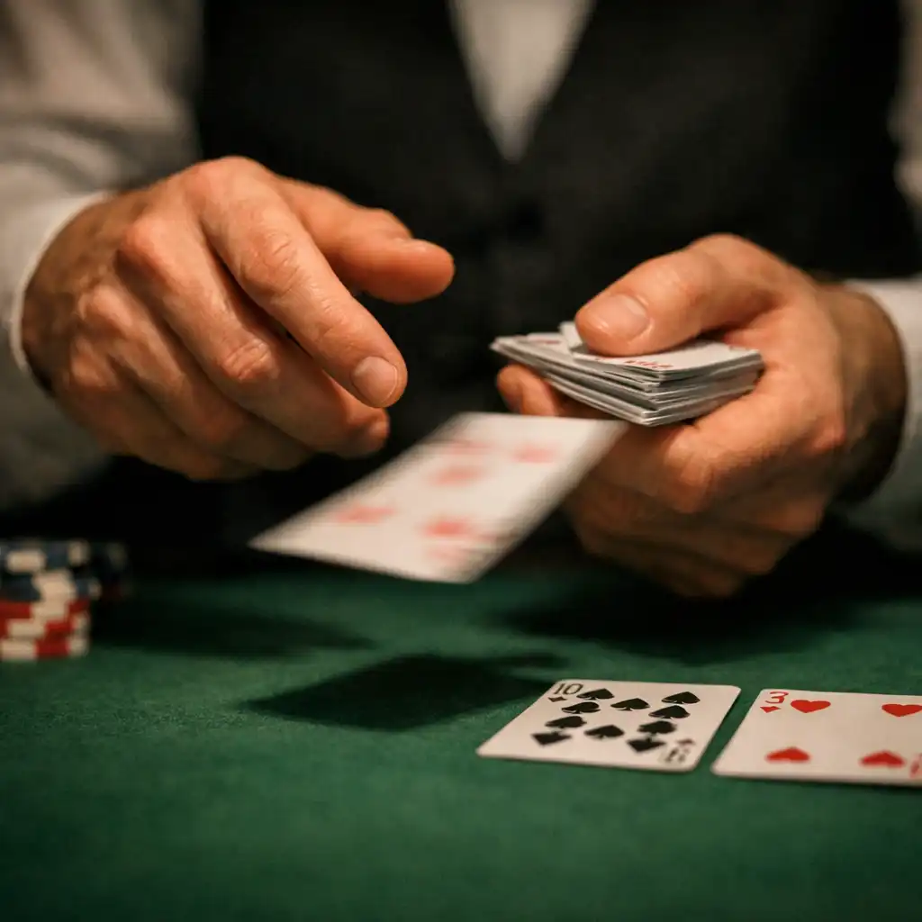 Dealer's hands dealing playing cards onto the poker table with chips visible below