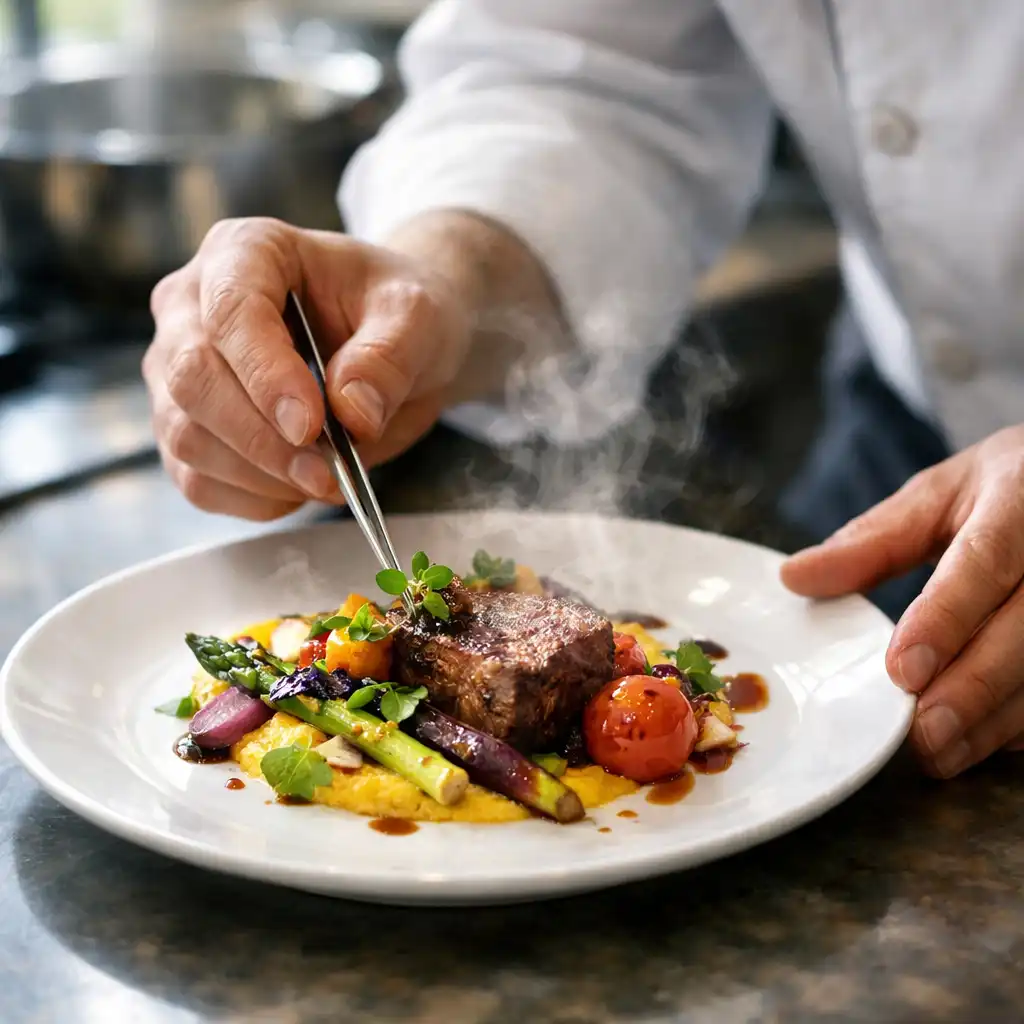 A chef's hands carefully plating a dish with precision, steam rising from the plate in the Crown & Pearl kitchen.
