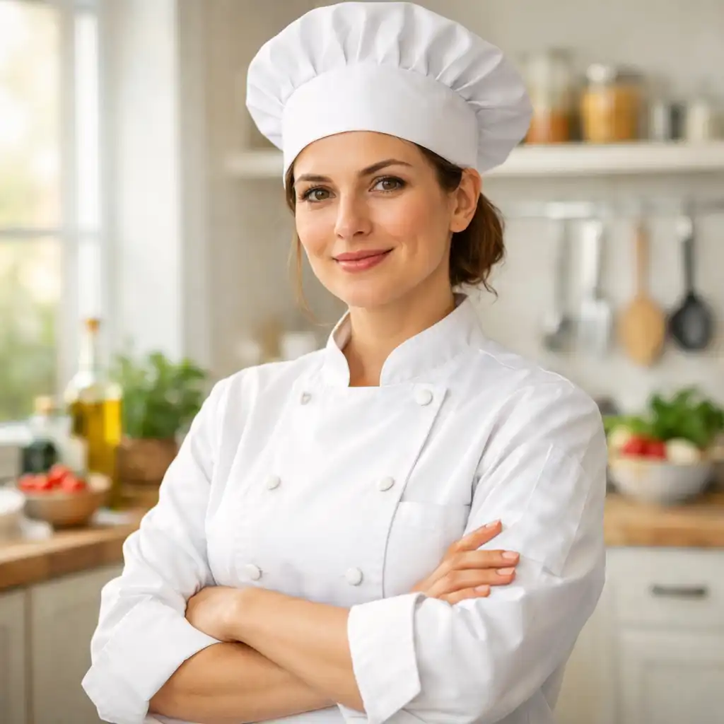 Head Chef Eleanor Whitfield in a white uniform, standing in a bright kitchen