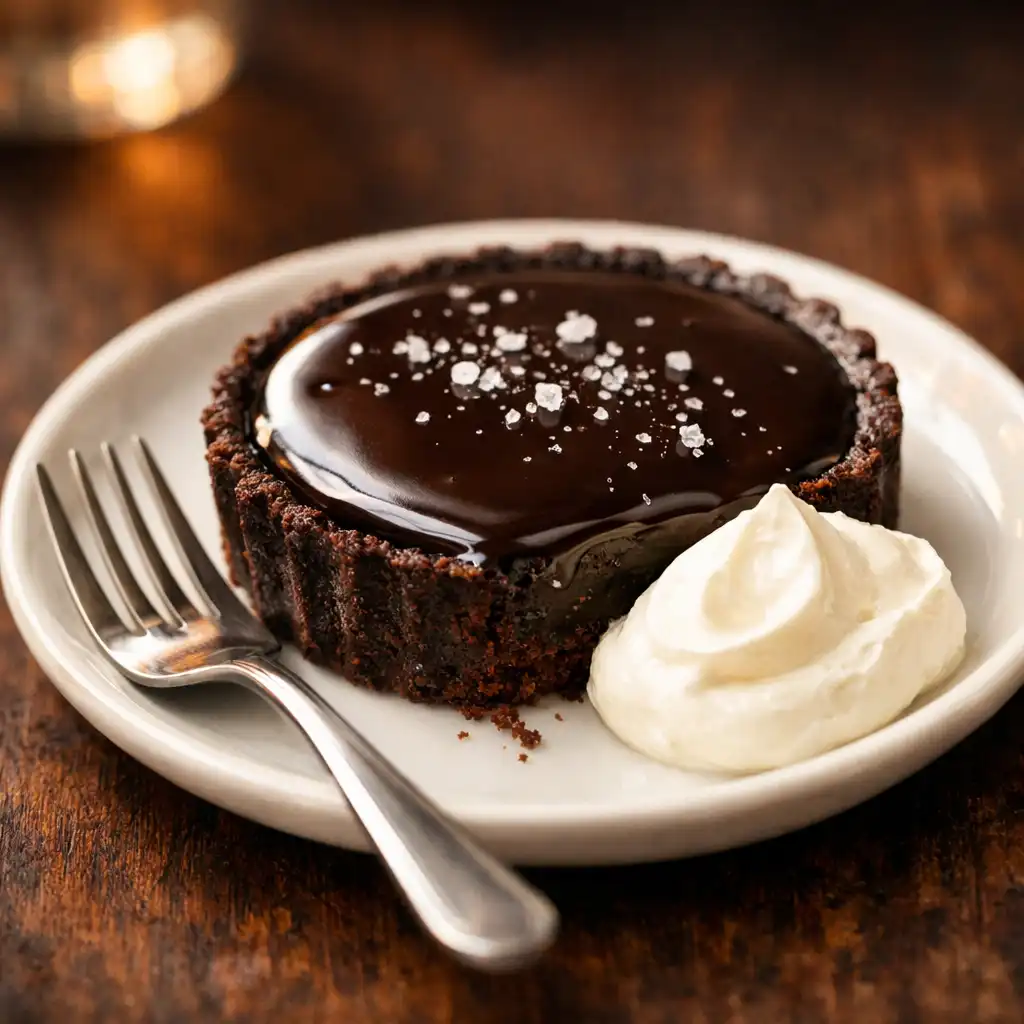 Dark chocolate tart with salted caramel centre and crème fraîche
