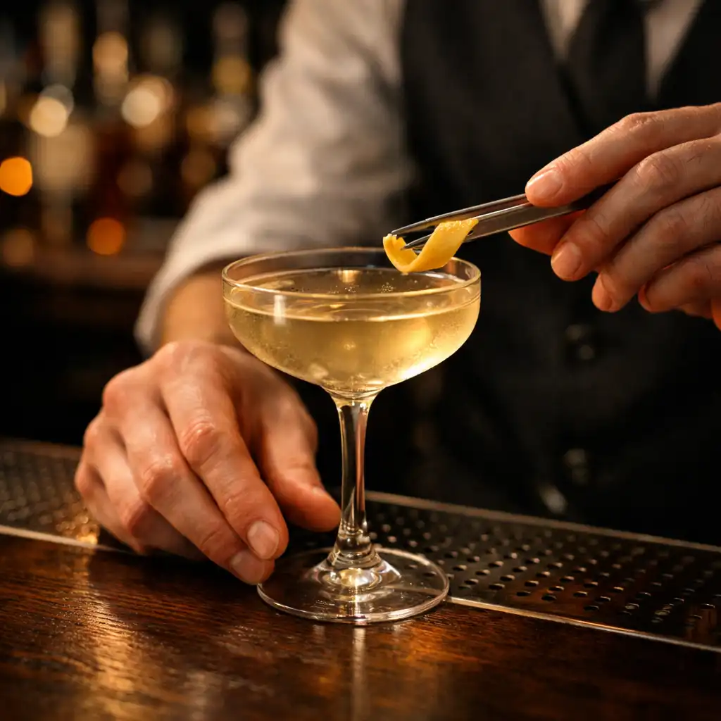 A cocktail being prepared at the bar at Crown & Pearl, with a reflection of the room in the glass.