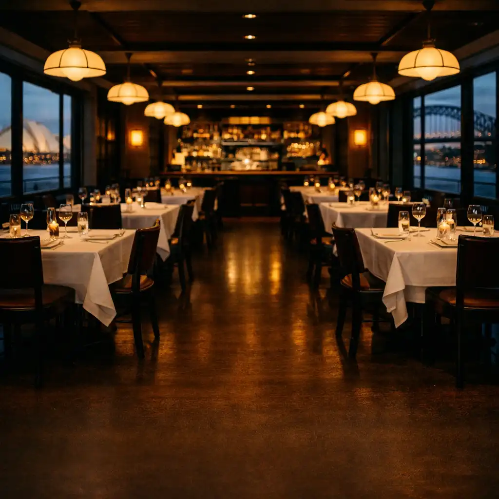 Elegant dining room at Crown & Pearl with white tablecloths, dark wood chairs, and warm pendant lighting