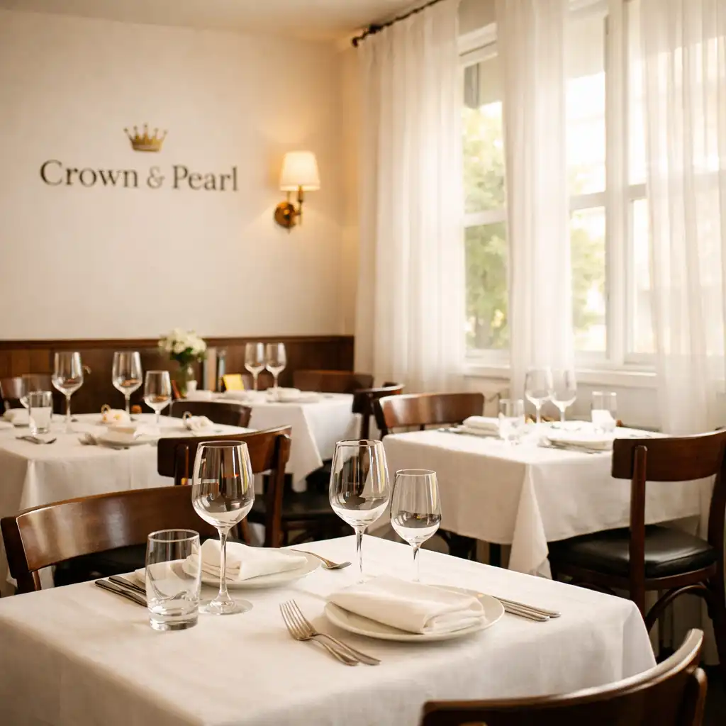 Crown & Pearl dining room interior with white linen tablecloths and large windows