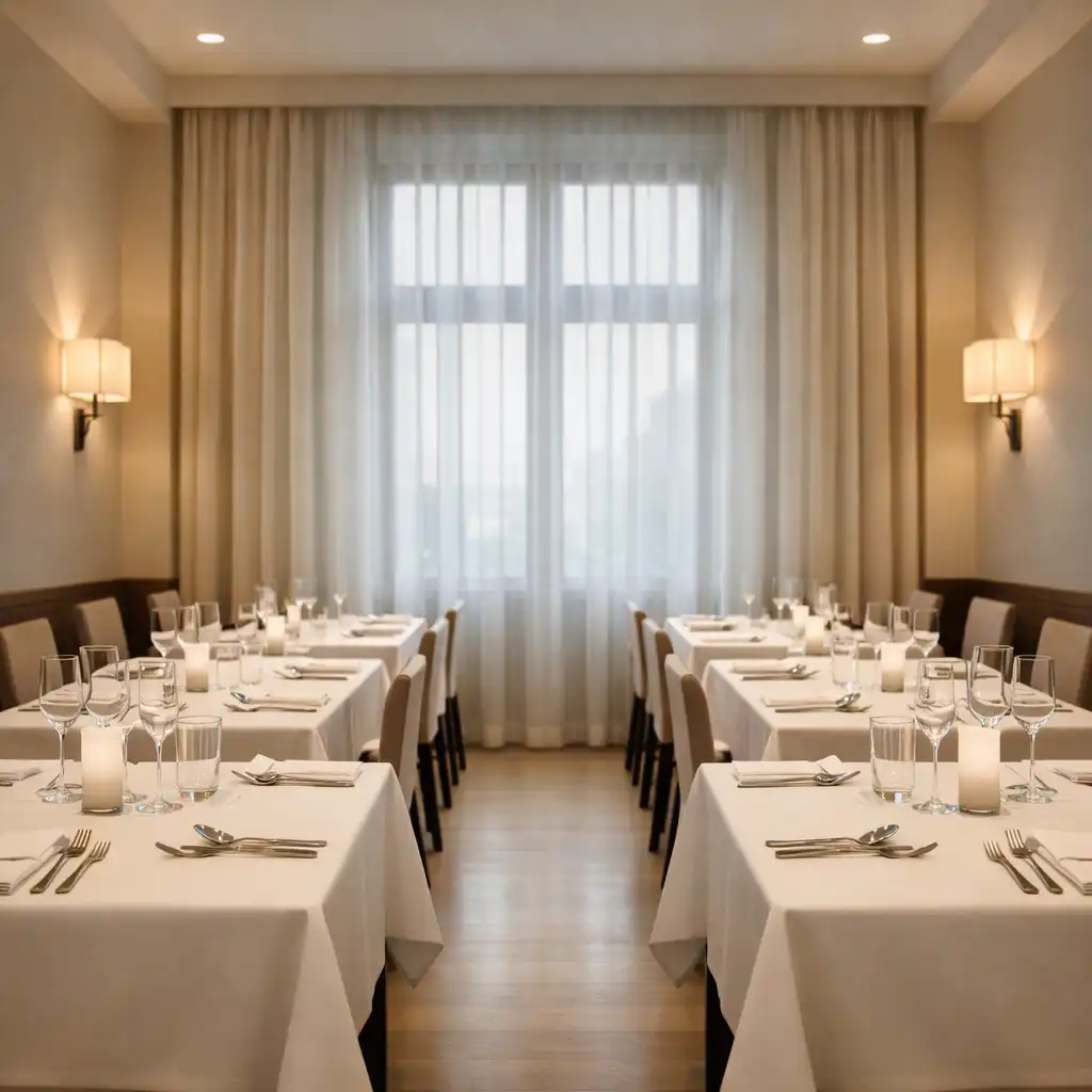 The dining room at Crown & Pearl set for service with crisp linens, silverware, and warm evening light.