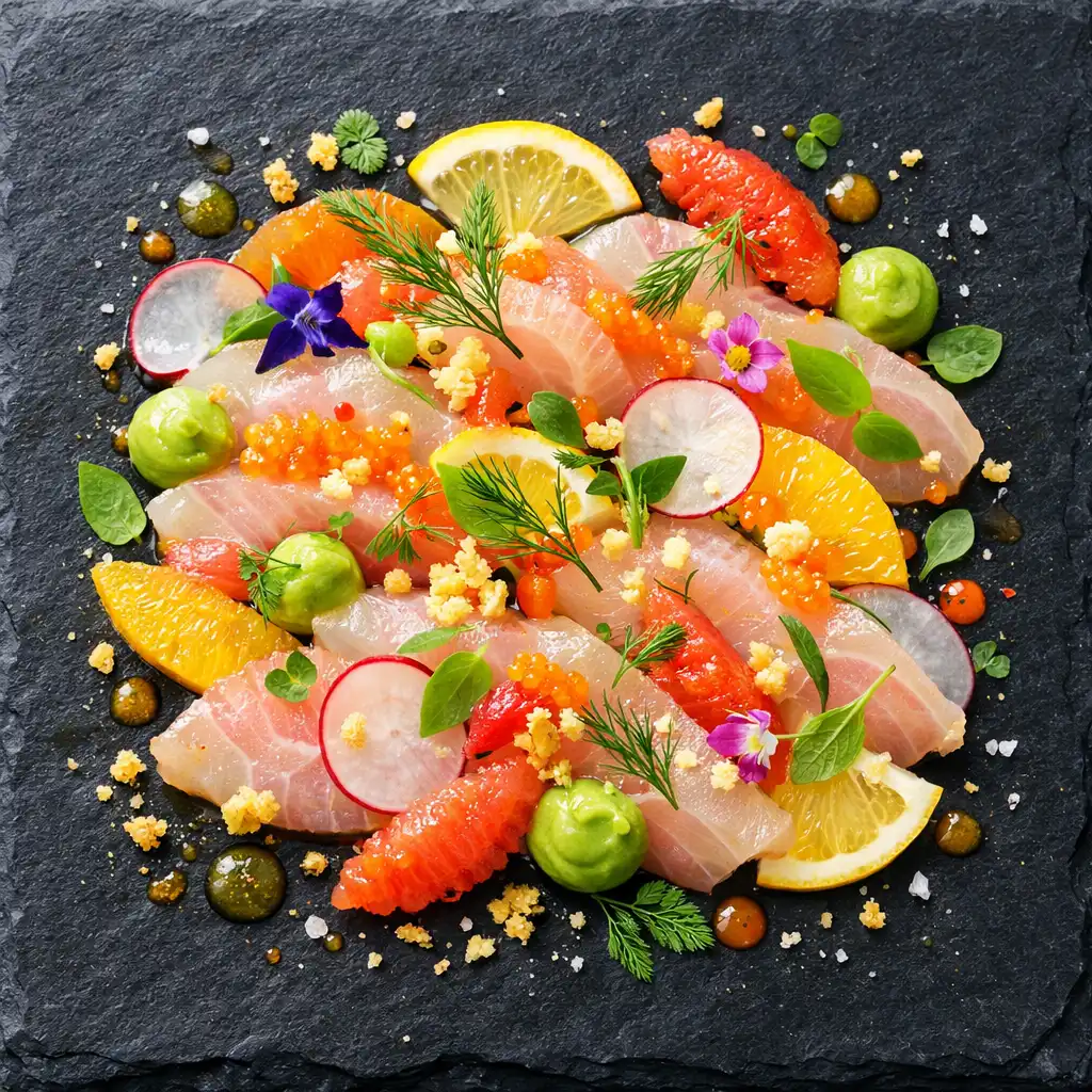Citrus-cured kingfish with delicate garnishes on a dark slate plate