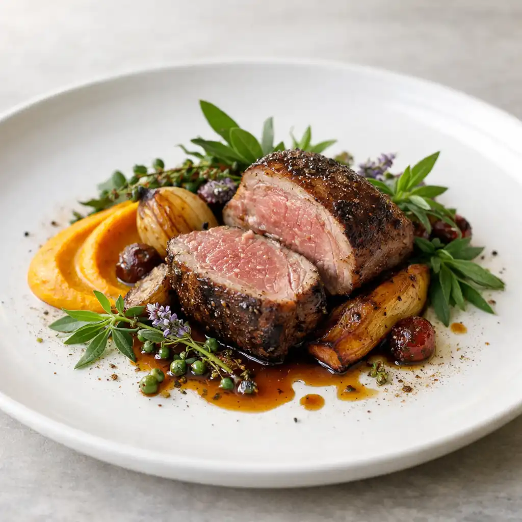 Roasted lamb with native Australian herbs on a white ceramic plate