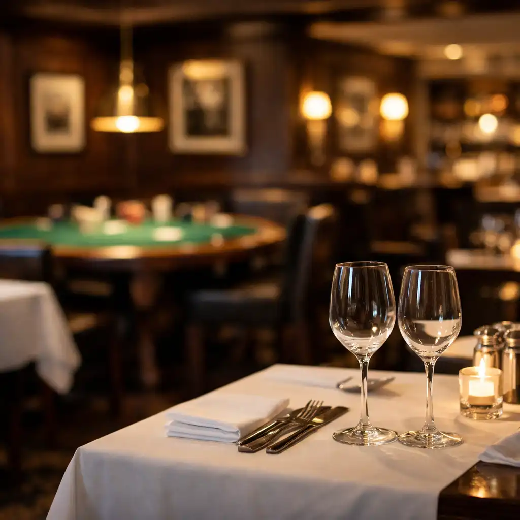 Elegant restaurant interior with a subtle poker table in the background
