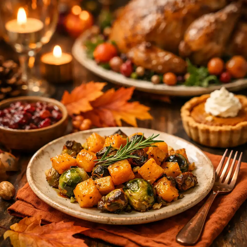 Beautifully set table with autumn-themed dishes and foliage