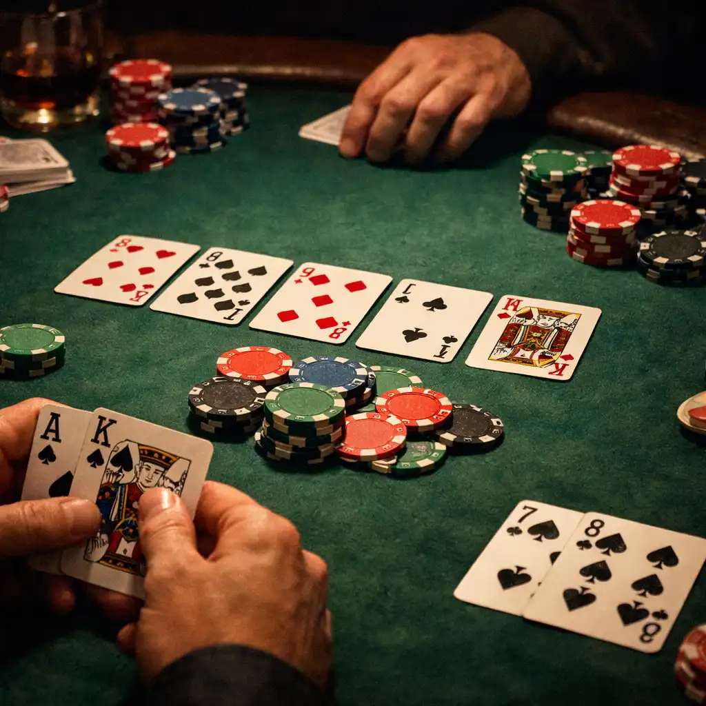 Candid shot of a Texas Hold'em game in progress, hands and cards on a poker table