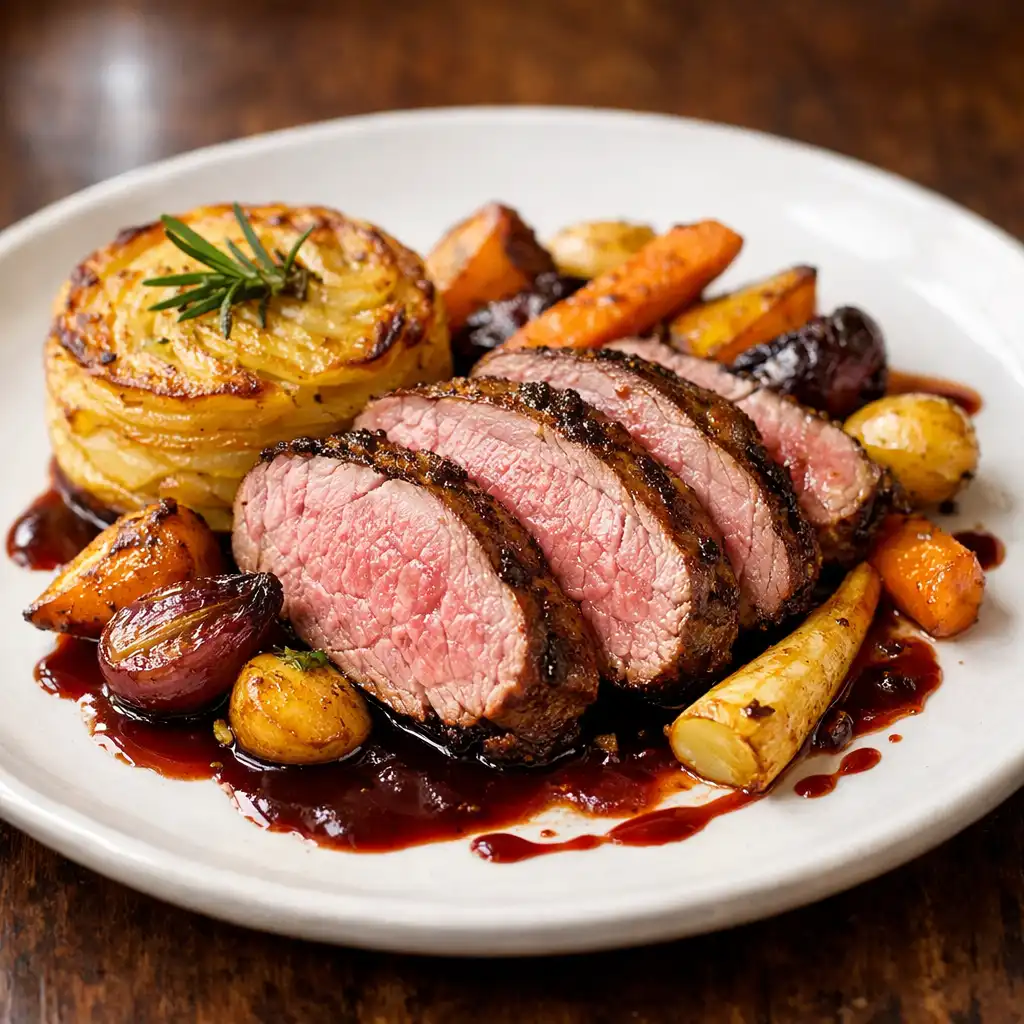 Roast lamb rump with roasted root vegetables and rosemary potato galette