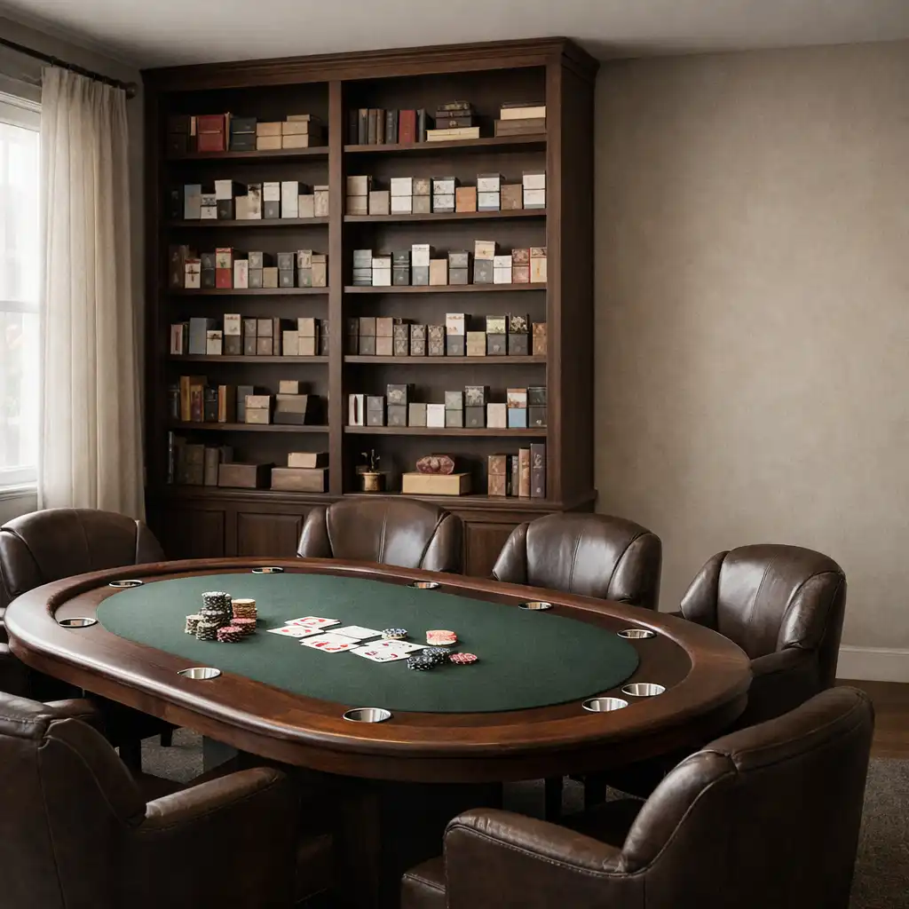Wide-angle view of the Card Lounge showing the poker table, chairs, and shelving with decks of cards