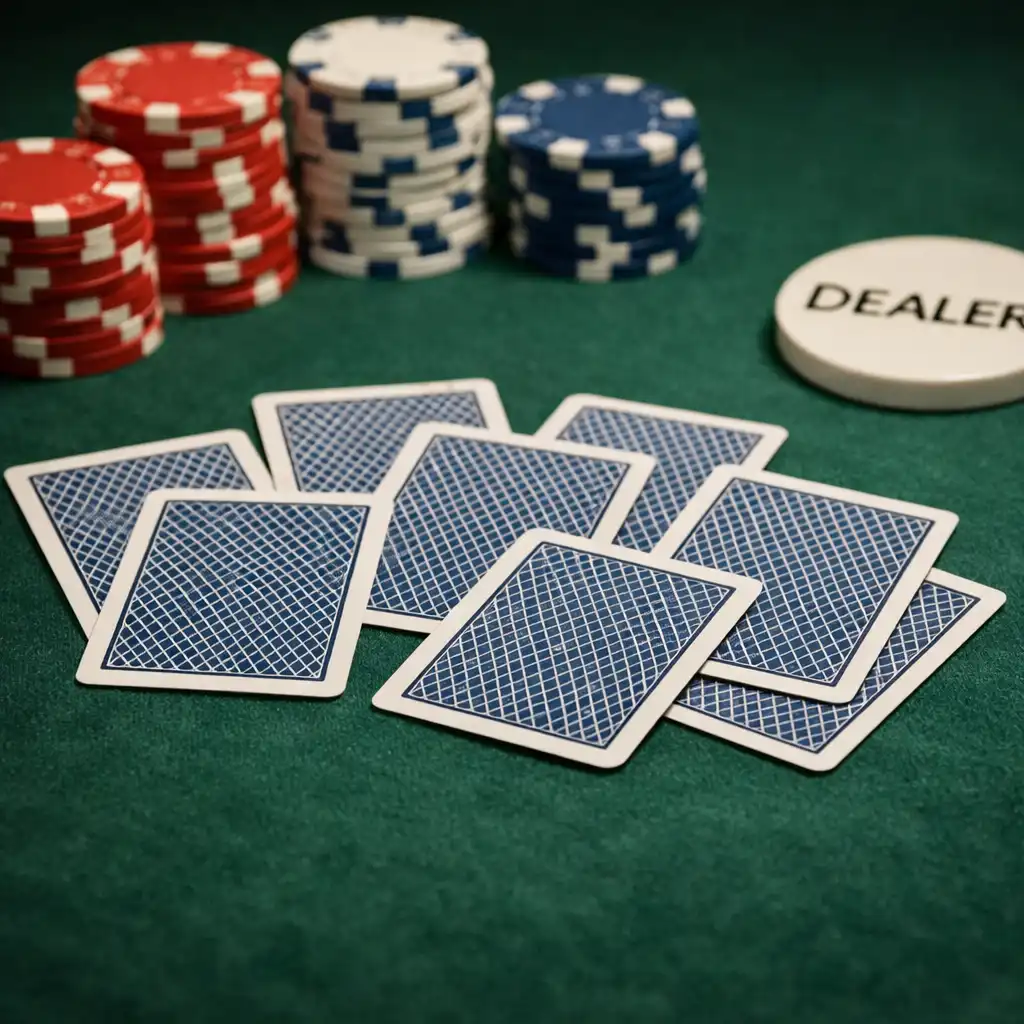 Close-up of a poker table felt with playing cards and neatly arranged clay chips at Crown & Pearl.