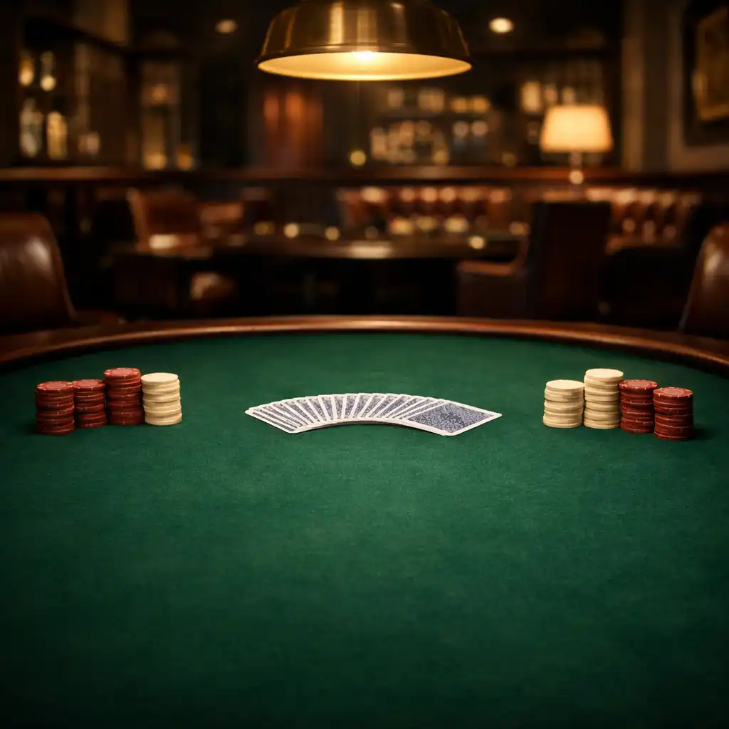 A refined poker table with neatly stacked chips and a fanned deck of cards in the Crown & Pearl card lounge