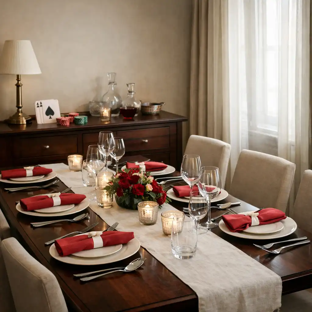 Private gathering table set with elegant place settings and a sideboard with cards and chips