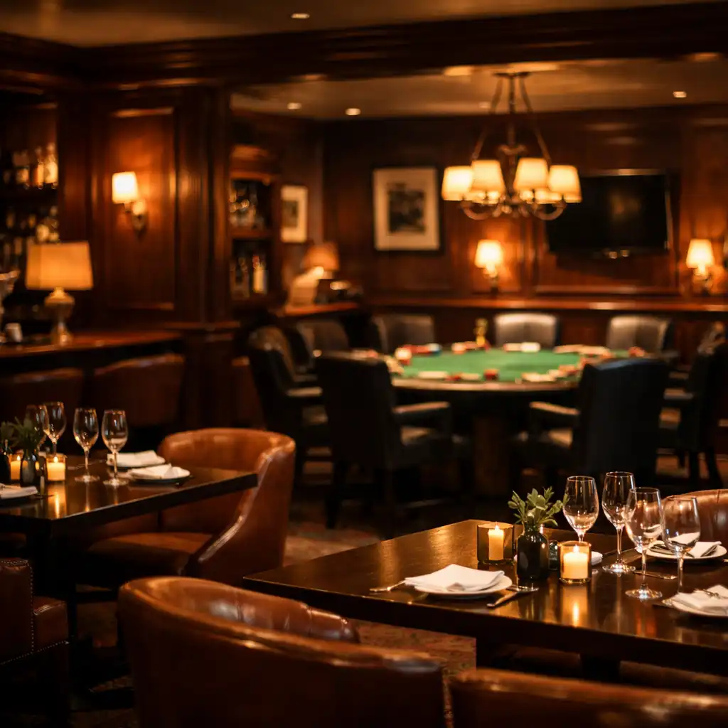 Elegant Australian restaurant interior with a poker table visible in the background