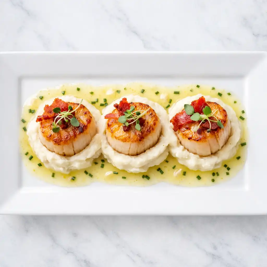 Seared scallops with cauliflower purée, crisp pancetta, and lemon beurre blanc