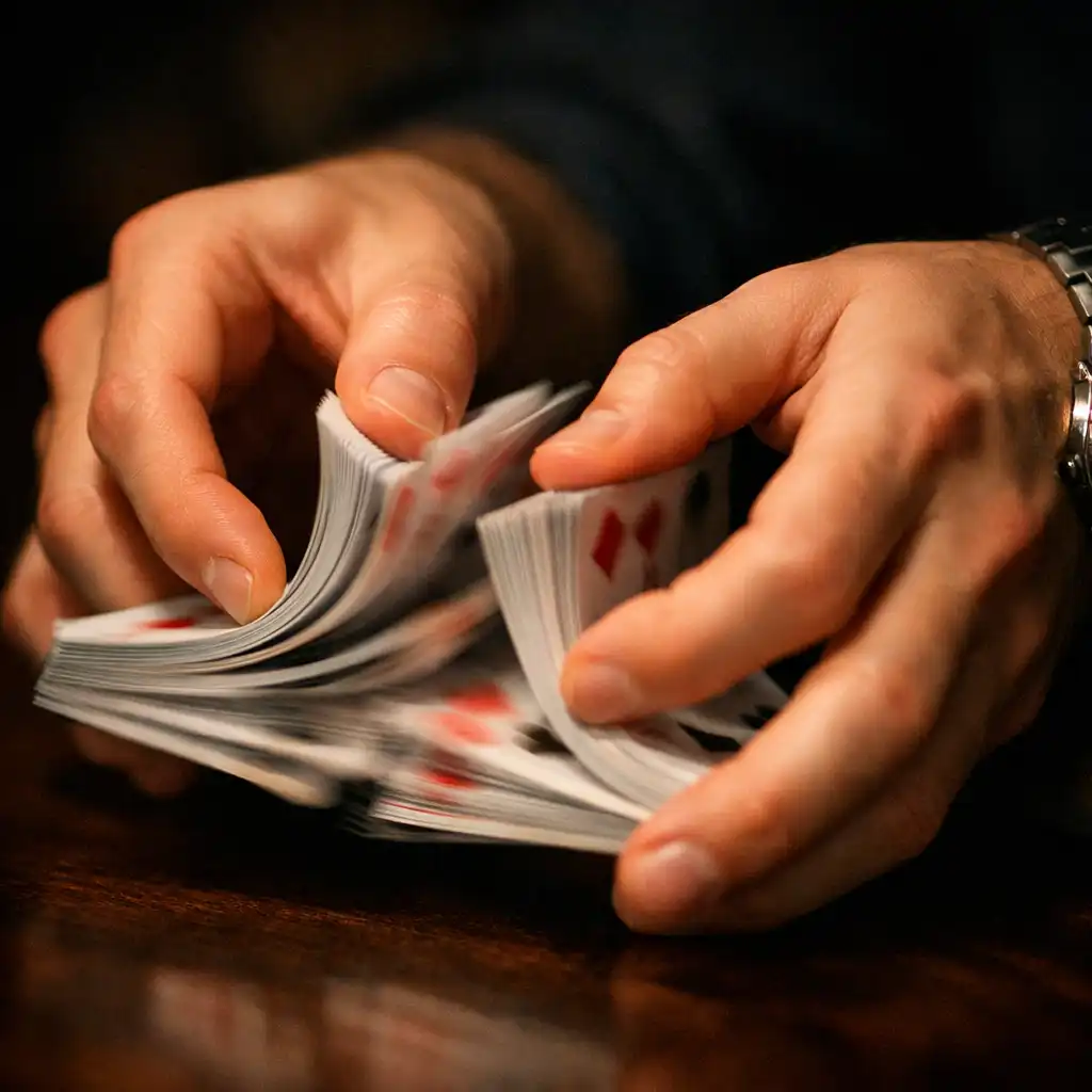 A player's hands shuffling a deck of playing cards in the card lounge at Crown & Pearl, focus on the motion.