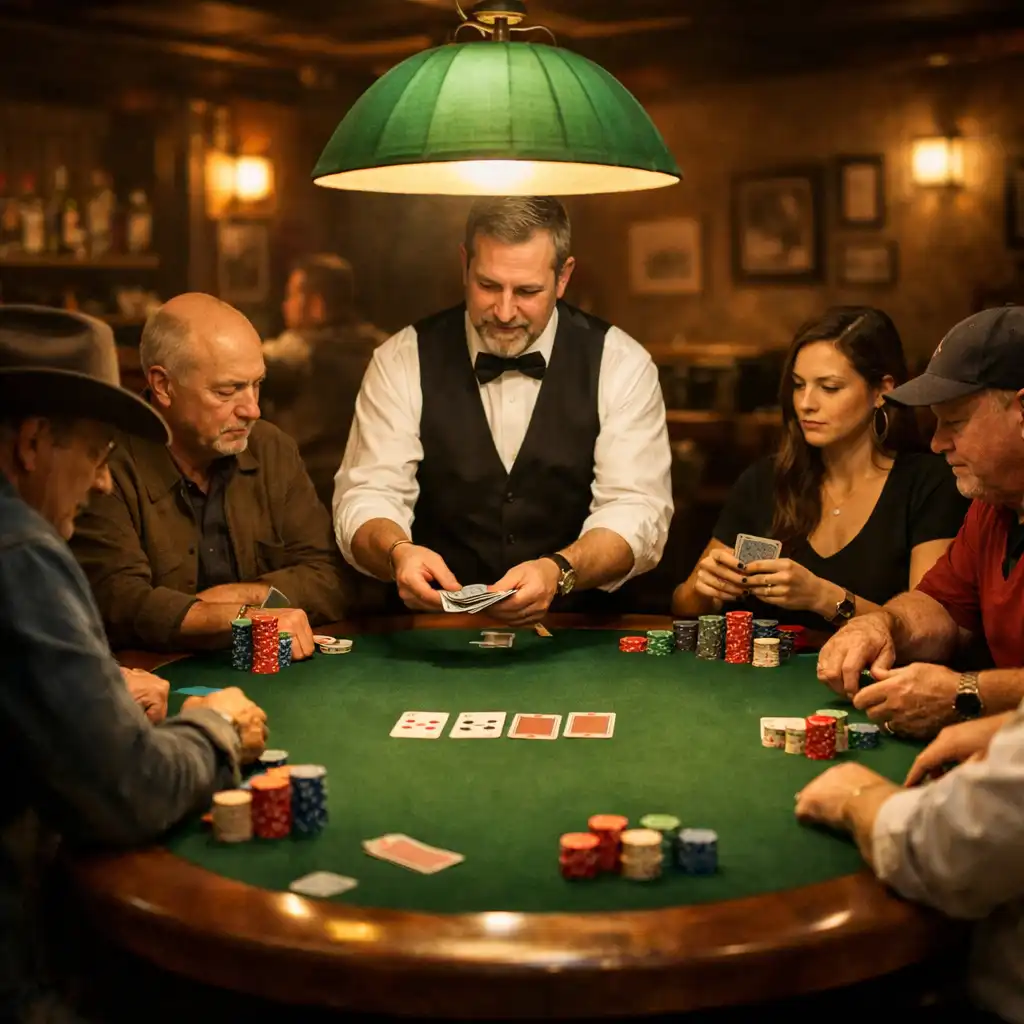The card lounge during a Texas Hold'em evening at Crown & Pearl, with players in concentration around the table.